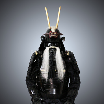 Katō Kiyomasa All Black Samurai Armor Tosei Gusoku Style Long Horn Demon Maedate Long Beard Menpo All Black Scales & Cords
